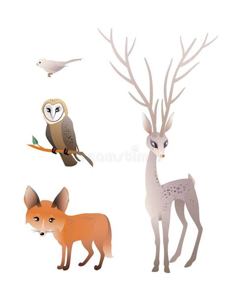 Forest Animals Vector Set Deer Red Fox Owl Bird Stock Vector