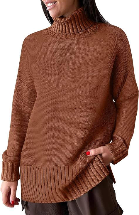 Anrabess Womens Turtleneck Sweaters Oversized Long Sleeve Split Hem