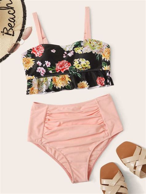 Floral Ruffle High Waist Bikini Swimsuit