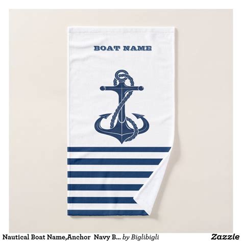 Nautical Boat Name Anchor Navy Blue White Stripes Bath Towel Set Custom