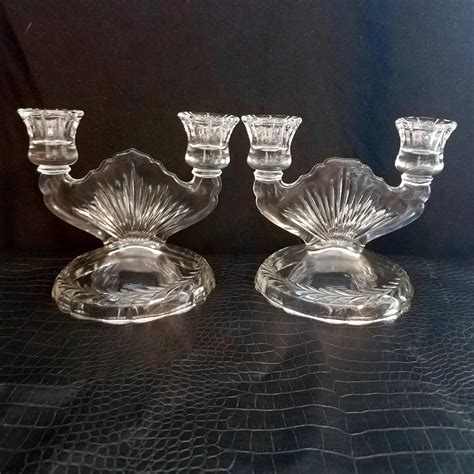 Set Of Vintage Clear Glass Double Candle Holder Candle Candelabras