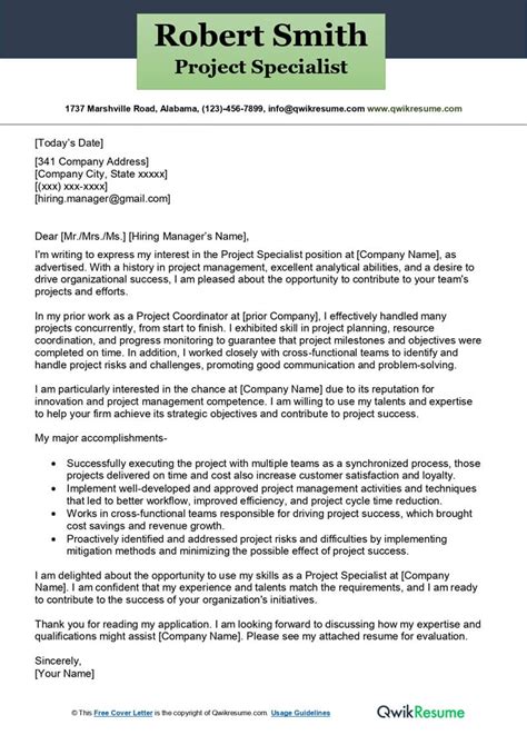 Project Specialist Cover Letter Examples Qwikresume