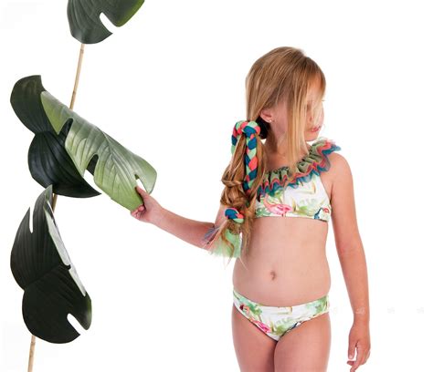 J V José Varón Bikini Niña Estampado Tropical Verde Triple Volante