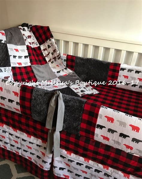 Rustic Buffalo Plaid Deer Woodland Red Black And Grey Baby Nursery Crib