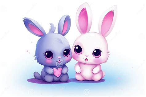 Two Cute Cartoon Bunnies With Big Eyes Sharing A Heart Stock