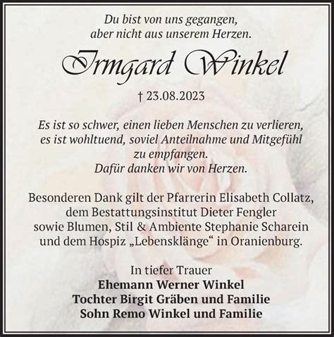 Traueranzeigen Von Irmgard Winkel M Rkische Onlinezeitung Trauerportal