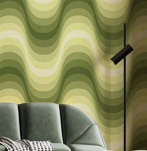 Green Wave Peel and Stick Wallpaper, Olive Wallpaper, Vintage Green