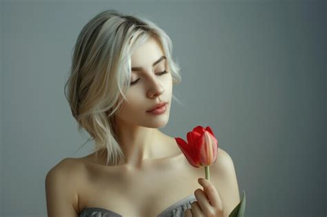 Confident Blonde Model Posing For Vogue With Tulip In Hand Premium AI