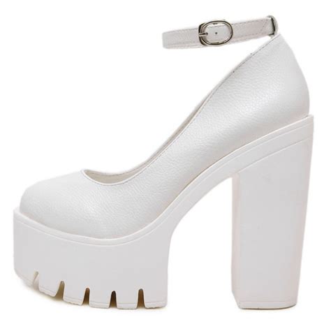 White Chunky Cleated Platforms Sole Block High Heels Mary Jane Shoes