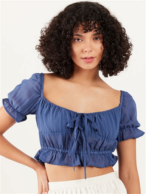 Buy Athena Sweetheart Neck Puff Sleeve Gathered Cinched Waist Crop Top