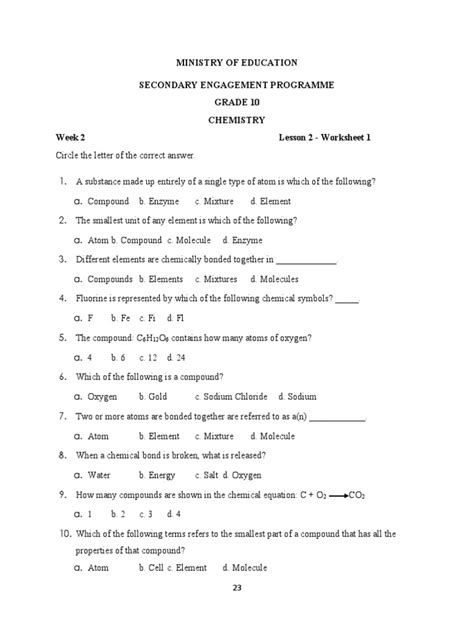 Grade 10 Chemistry Week 2 Lesson 2 Worksheet 1 And Solutions Pdf