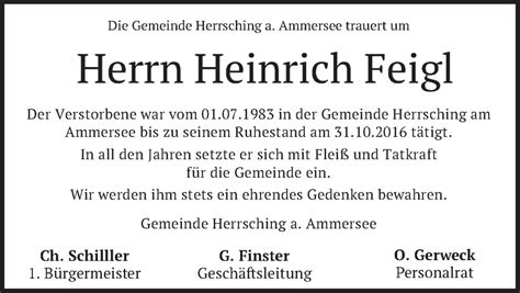 Traueranzeigen Von Heinrich Feigl Trauer Merkur De