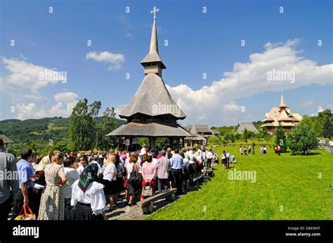 Wooden Church Visitors Barsana Monastery Maramures Romania Stock