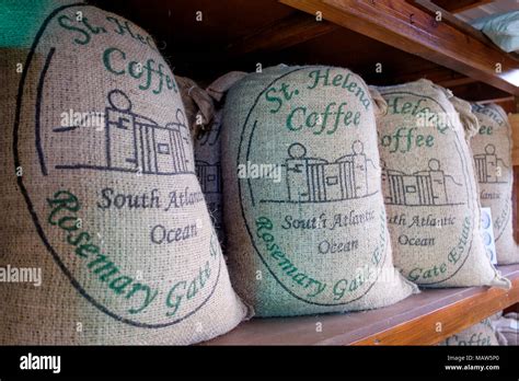 Sacks of roasted Saint Helena coffee beans, Rosemary Gate Estate coffee plantation, St. Helena ...