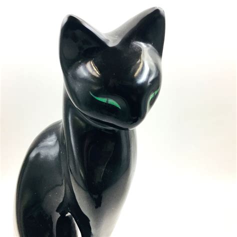 Tall Vintage Black Cat Figurine 1960s 70s Green Eyes Kitten Etsy Uk Pottery Art Cat Statue