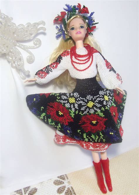 Crochet Barbie Clothes Ukrainian Art Doll Barbie Beaded Dress Ooak