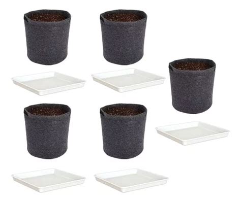 Kit Maceta Geotextil 15 L X 5u 5 Bandejas Plato Cuadrado Mebuscar