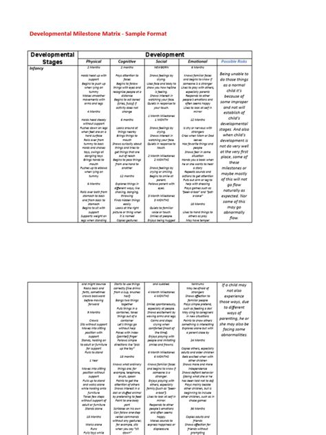 Developmental Milestone Matrix Sample Format Pdf Adolescence Adults