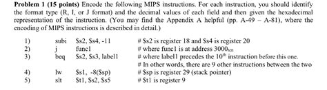 Problem 1 15 Points Encode The Following Mips Instructions For Each