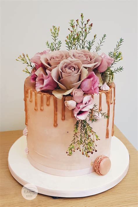 Tall Drip Cake With Fresh Flowers And Macarons Birthday Cake For