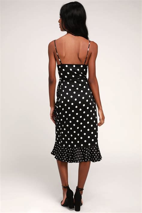 Sexy Satin Dress Black Polka Dot Wrap Dress Ruffled Dress