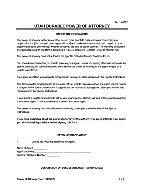 Fillable Online Rev 1343bd7 Utah Durable Power Of Attorney Important