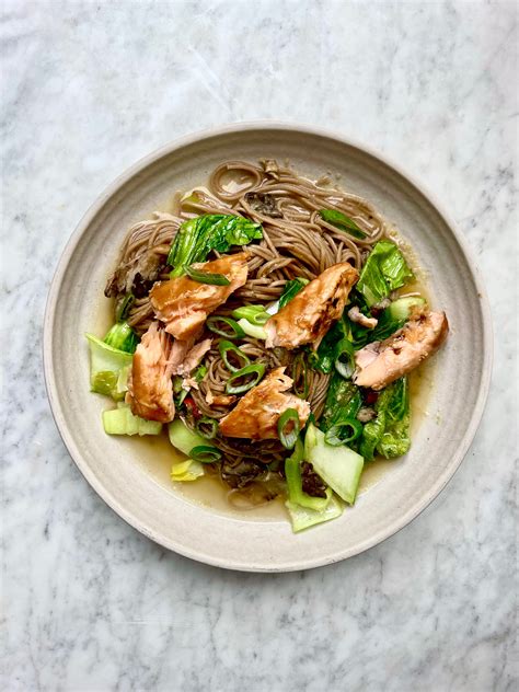 Miso Roasted Salmon With Soba Noodles In Broth