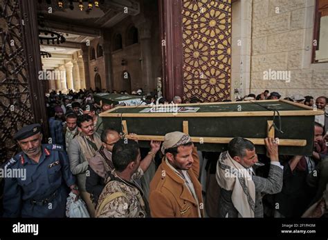 09 March 2021 Yemen Sanaa Houthi Supporters Carry Coffins Of Members