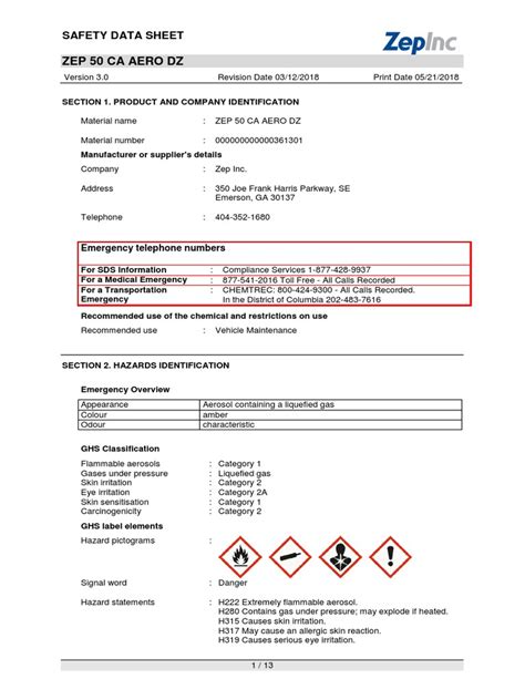 Zep 50 Ca Aero Dz Safety Data Sheet Pdf Firefighting Toxicity