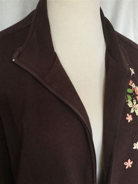 Dressbarn Woman Brown Floral Embroidered Long Sleeve Zip Jacket Top