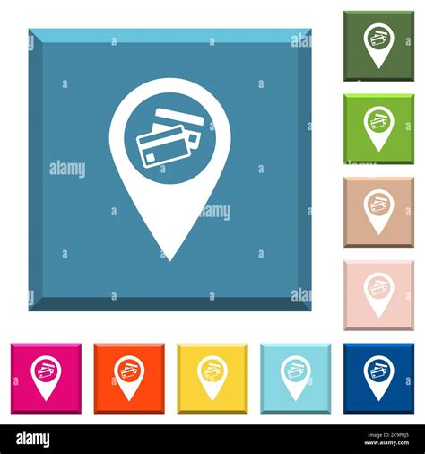 Credit card acceptance GPS map location white icons on edged square ...