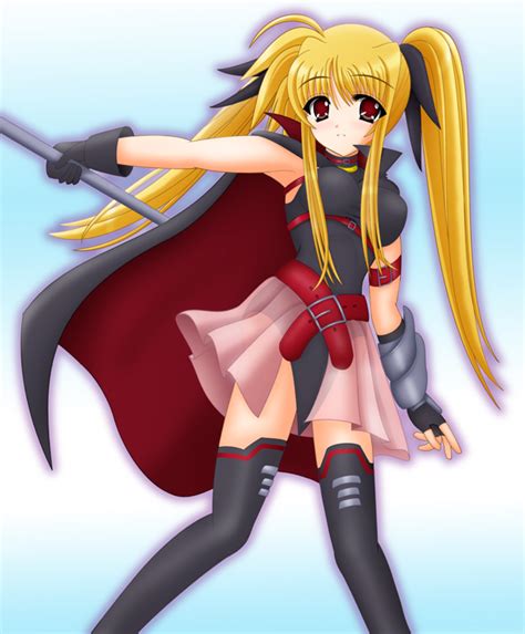 Safebooru 1girl Arm Belt Bardiche Belt Blonde Hair Cape Fate Testarossa Fingerless Gloves