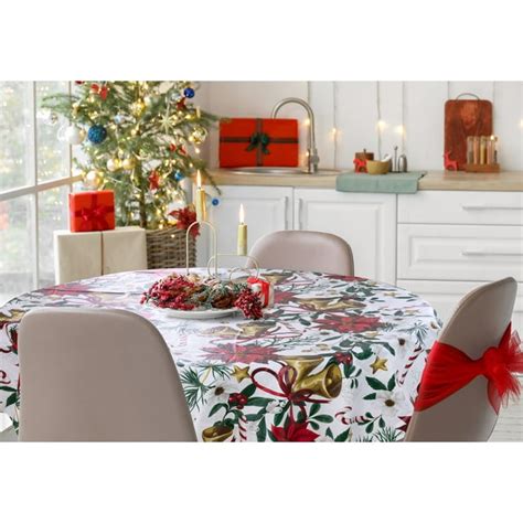 Serafina Home Holiday Christmas Vinyl Tablecloth With Flannel Backing Gold Bells Poinsettia 70