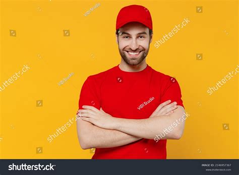 Professional Delivery Guy Employee Man Red Stock Photo