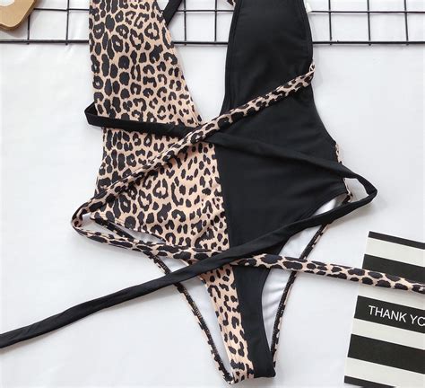 Leopard Print Hollow Out Cutout Out Strap One Piece Swimsuit