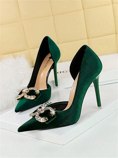 Party High Heels Thin Heels Shallow Mouth Pointed Toe Hollow Out Plus Velvet Rhinestone Buckle