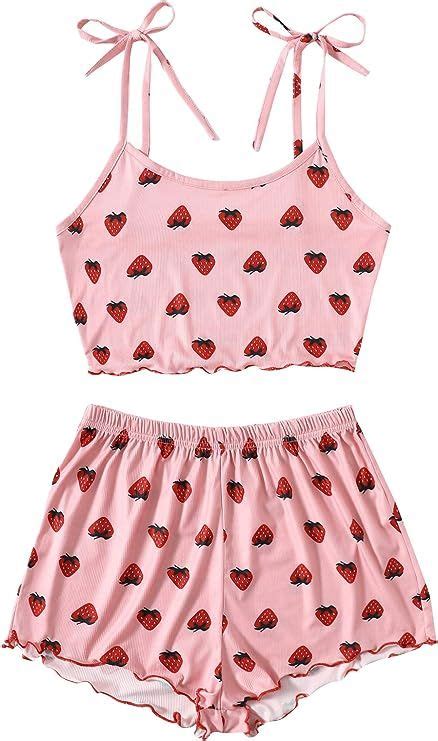 Strawberry Print Sleeveless Camisole Tops And Knot Waist Shorts