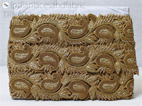 9 Yard Paisley Gold Zardozi Trim Saree Embroidered Zari Lace Handmade