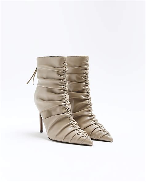 Beige Ruched Heeled Ankle Boots River Island