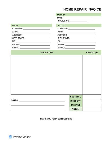 Home Repair Invoice Template Free Printable Templates