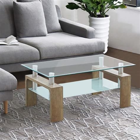 Clipop Living Room Coffee Table Modern Rectangle Tempered Glass Side Table With Storage Shelf 8