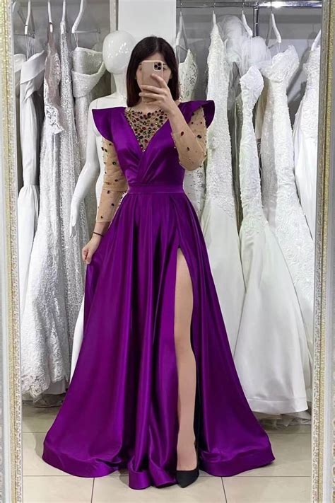 Daisda Dark Purple Mermaid V Neck Beadings Prom Dress With Long Sleeves