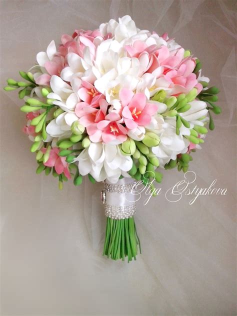 White, Pink Freesia Bouquet With Boutonniere. Clay Wedding Bouquet ...