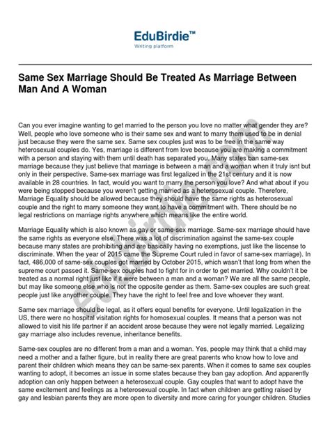 Same Sex Marriage Should Be Treated As Marriage Between Man And A Woman