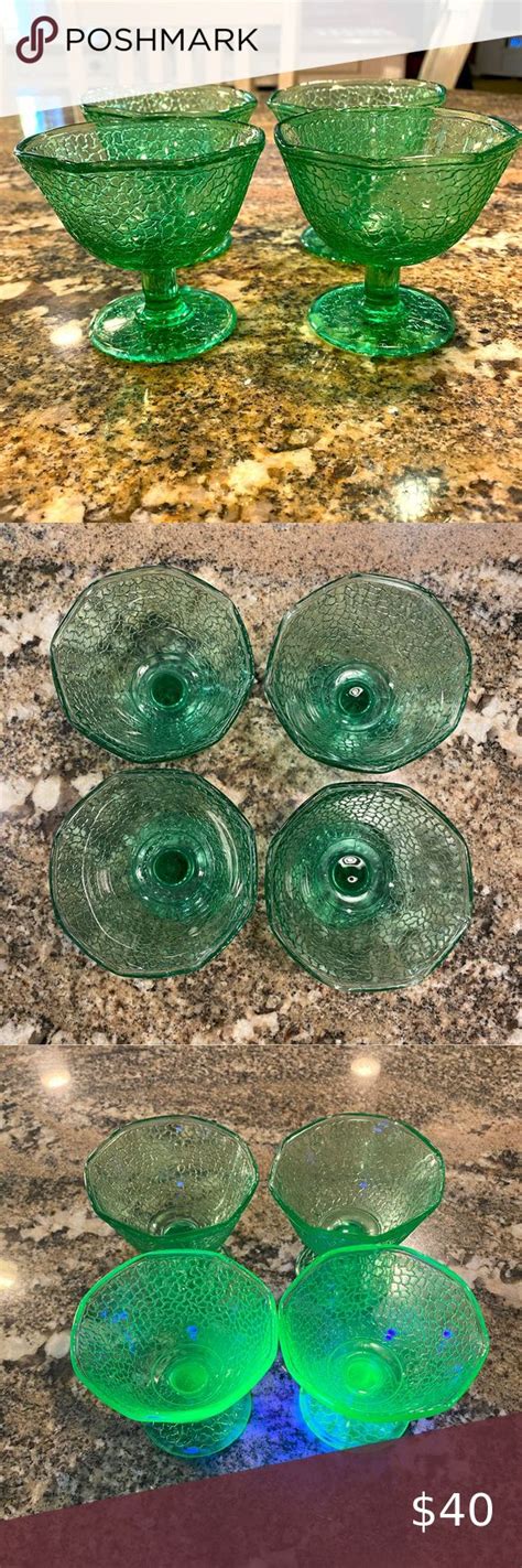 Rare Vintage Uranium Vaseline Green Glass Dessert Cups With Pedestal