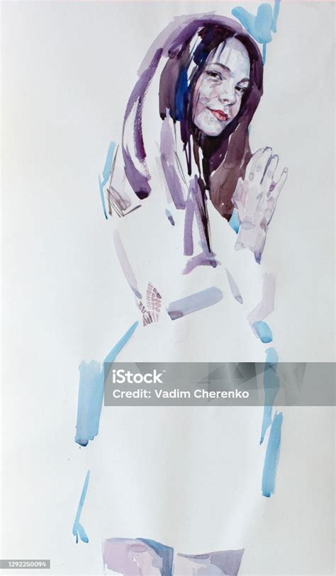 Watercolor Painting Female Portrait Handmade Stock Illustration