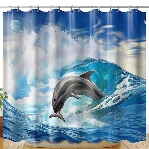 Hyper Realistic Dolphin Design Shower Curtain With Blue Wave Ocean