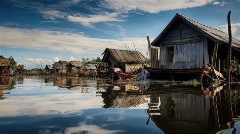 Premium AI Image | a floating village with a boat and a house in the water