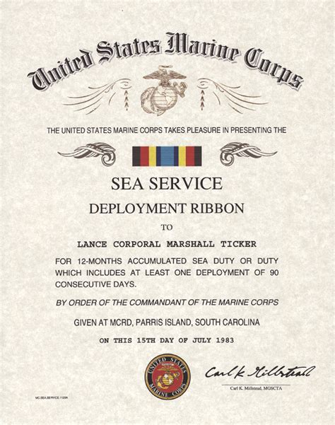 USMC Sea Service Deployment Ribbon Certificate