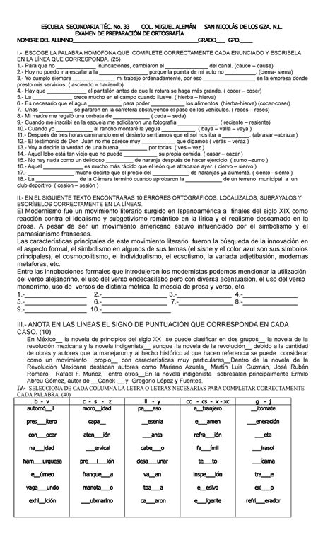 Examen De Ortografia Escuela Secundaria T C No Col Miguel